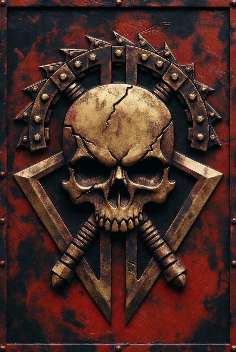 Sons of Angron chapter crest — brass skull and blades on crimson