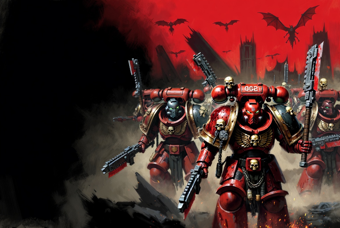 Sons of Angron warhost advancing through ash and ruin